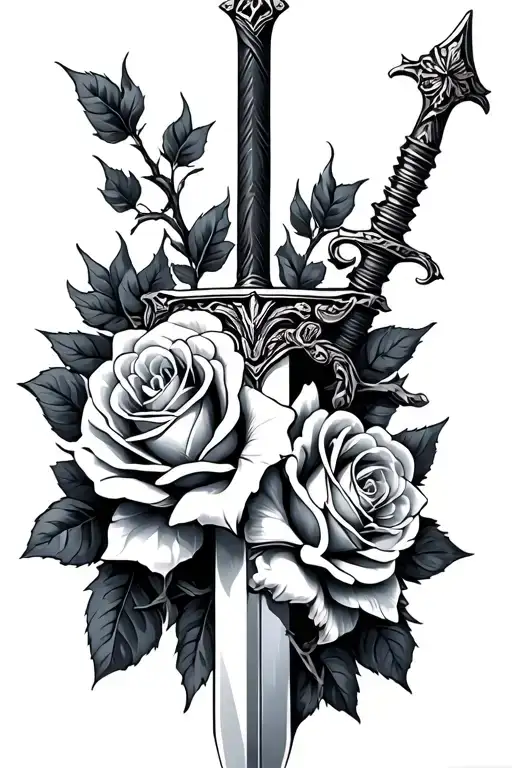 Greek roses and sword wrapped vines wrapped tattoo design idea
