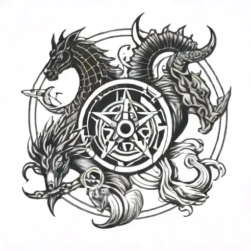 minimalist design combination of Pisces, Capricorn and Sagittarius tattoo design idea