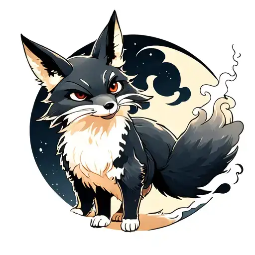 Kitsune, a cunning fox Yokai, hunts, everywhere smoke, in the background the moon crescent tattoo design idea