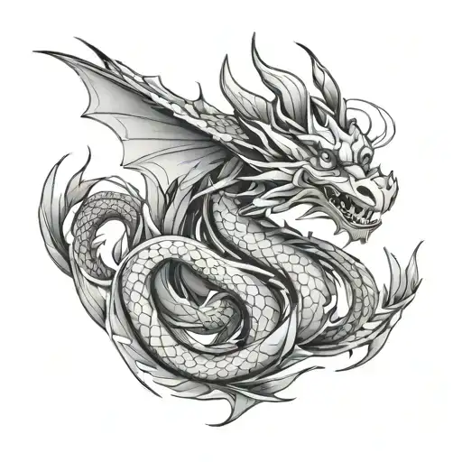 tatoo dragon black. for chest. volume shadow. geometric line. white background tattoo design idea