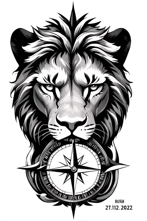 Lions eyes and compass tatto with a date of 27:12:2022 in roman numarals tattoo design idea