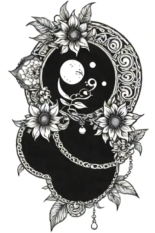 moon, sun, flower, pearl string aesthetically wrapped tattoo design idea