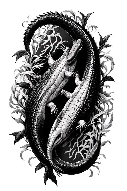 two alligators swimming around each other with vines  tattoo design idea
