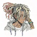emo,depression,anxiety,darkness,introvert,lonely,suicidal,sad,dark skinned male,dyed short dreads fully hiding face,teen tattoo design idea