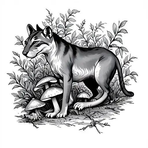 thylacine with vines and mushrooms surrounding it tattoo design idea