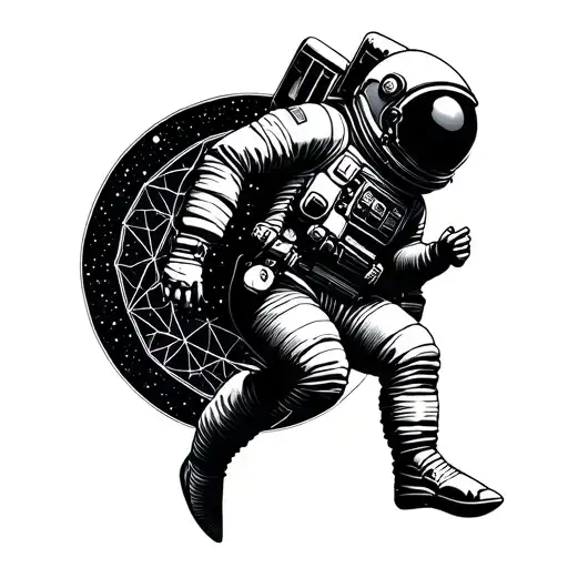 astronaut floating in space, sacred geometry patterns tattoo design idea