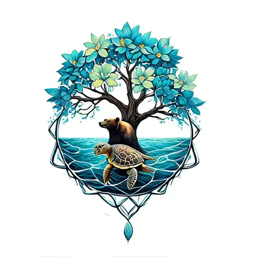 tree of life intertwined with flower of life bear and sea turtle tattoo design idea