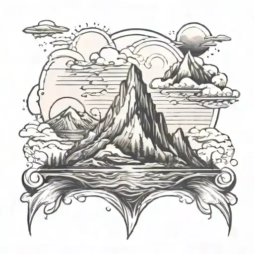3 mountains, ocean scene tattoo design idea
