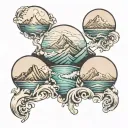 3 mountains, ocean scene tattoo design idea