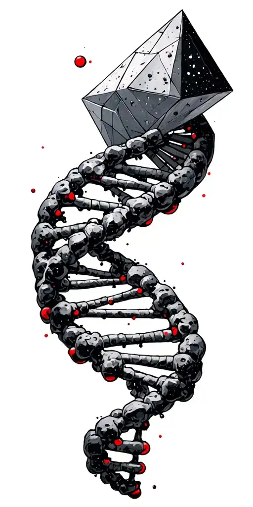 geometric chemical dna,with small red color points, discreet asteroid on the top and diamond shape structure in the back tattoo design idea