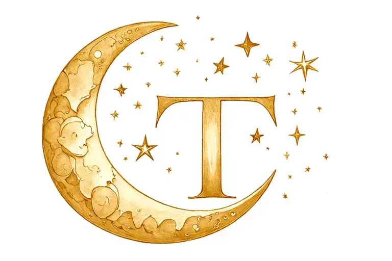 "I'm looking for a unique and delicate tattoo design that combines the moon, stars, and the letter 'T' – the initial of  tattoo design idea