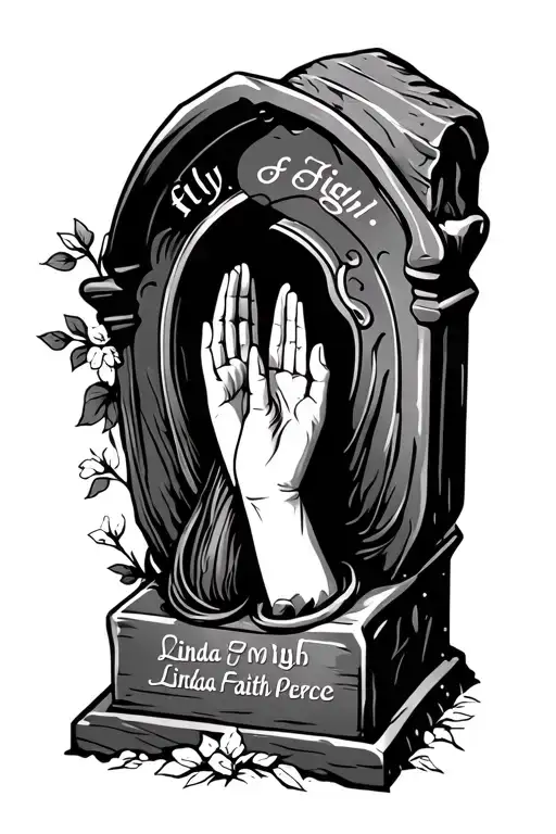 "Fly High Linda Faith Pierce" praying hands surrounded a tombstone rip to my tattoo design idea