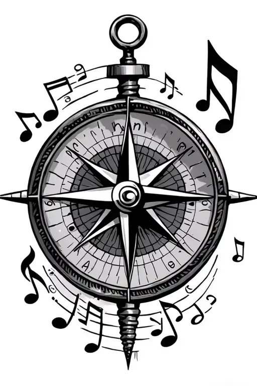 compass, musical notes, nautical tattoo design idea
