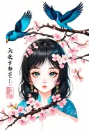 cherry blossoms Japanese style with Japanese word meaning serenity going down and birds that look mythical but cute tattoo design idea