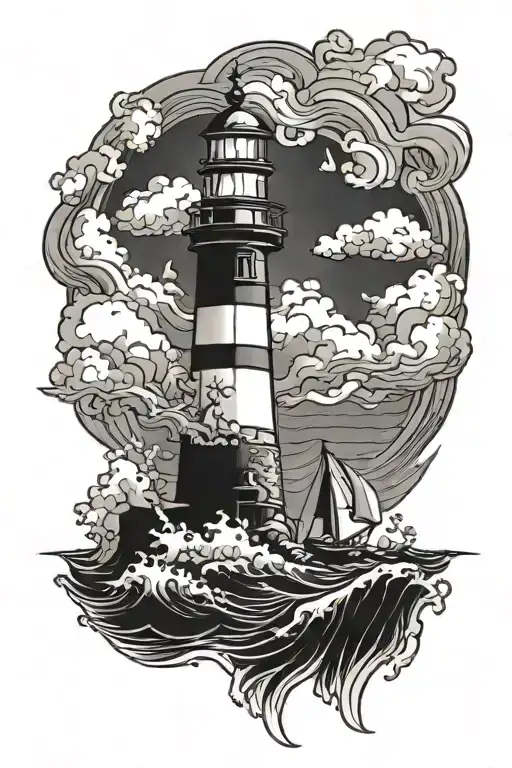 Lighthouse in the ocean stormy condition tattoo design idea