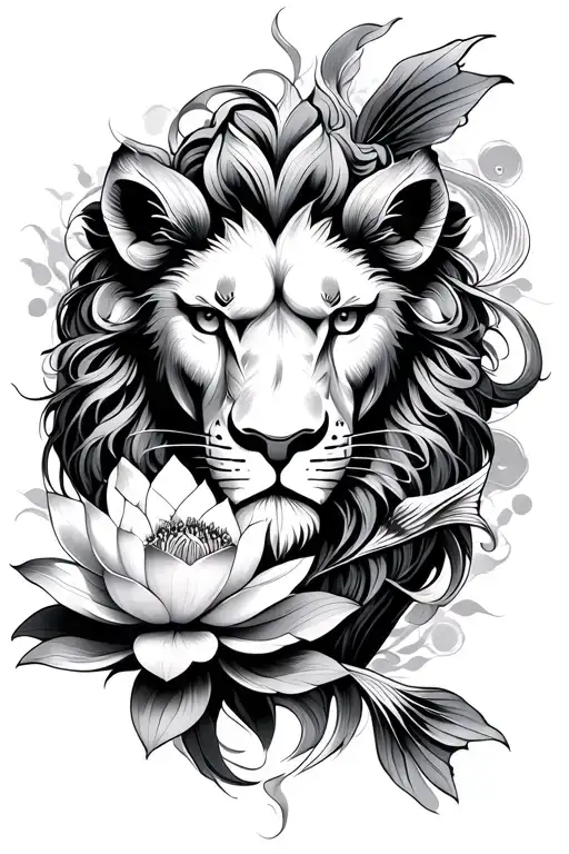 Vertical integration of a half-face lion, a koi fish, and a lotus flower. tattoo design idea