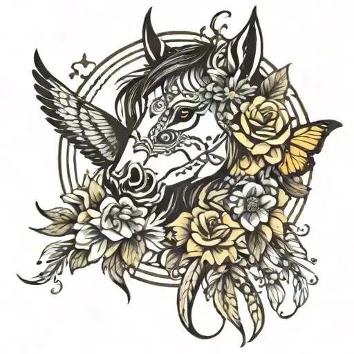 half horse head dream catcher flowers stars butterflies tattoo design idea