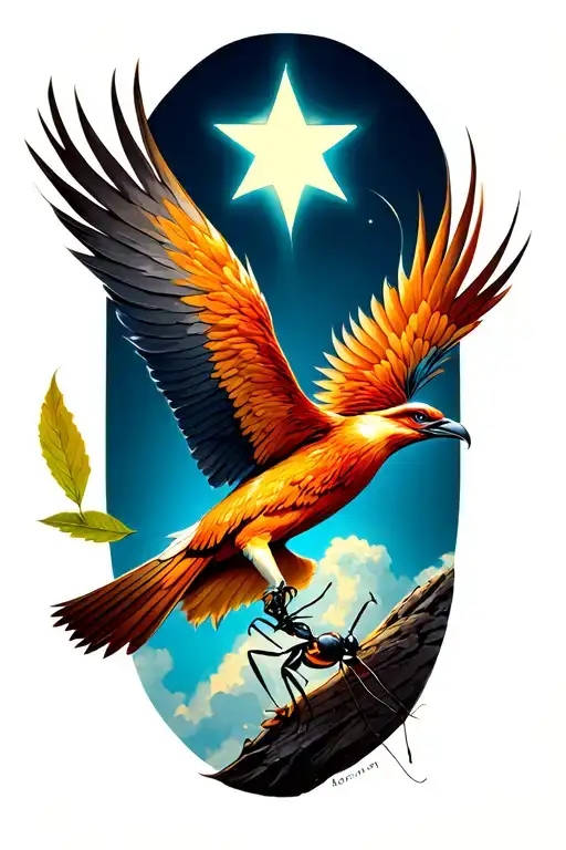a phoenix flying under a philant star brings a leaf of lorium in its beak to a single ant tattoo design idea