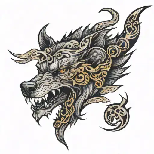 men right chest alpha wolf face and tale of scorpion to right hand full  tattoo design idea