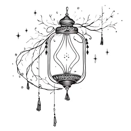Korean style tattoo of lantern with glowing light inside with delicate tassels trails and sparkles tattoo design idea