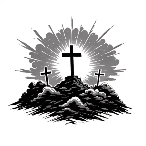 3 crosses on hill with clouds and light beams tattoo design idea