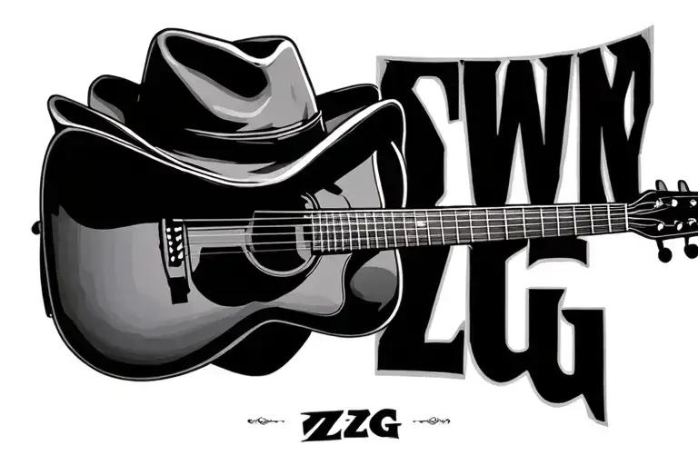 "ZG" cowboy hat inside a acoustic guitar tattoo design idea