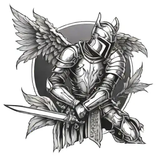 Can u create an immage of a tattoo what is a knight holding a sword looking down with angel sings coming from his back  tattoo design idea