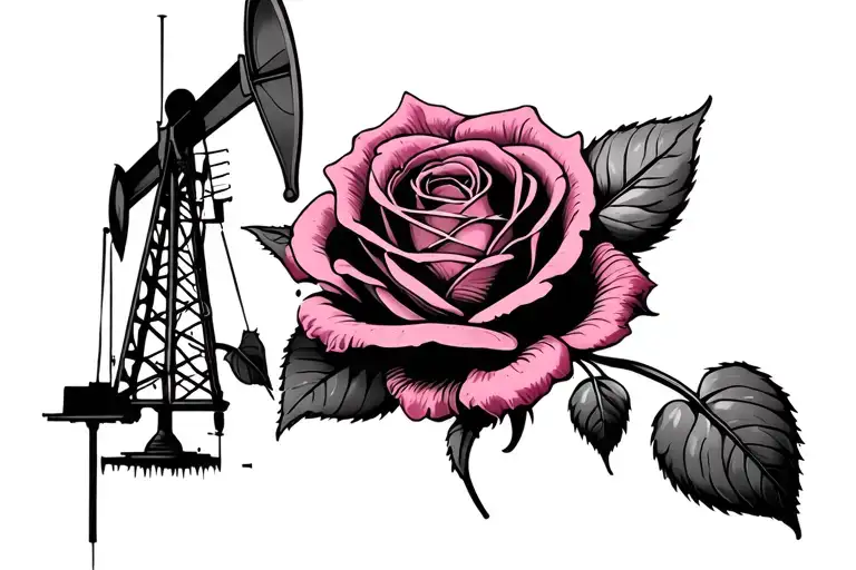 oil well and pink rose tattoo design idea
