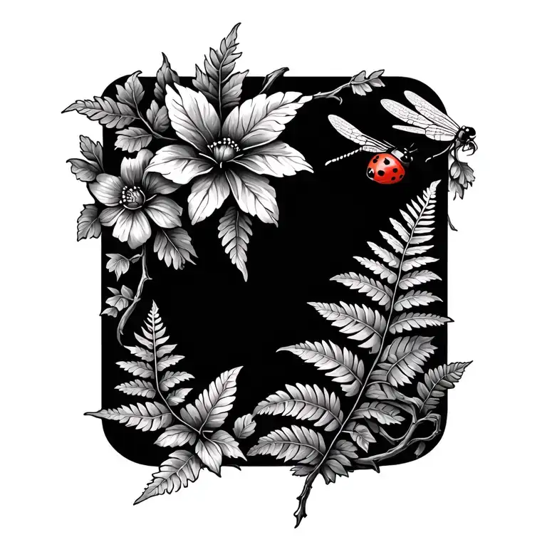 A flowering vine with ferns, dragonfly, and ladybug tattoo design idea