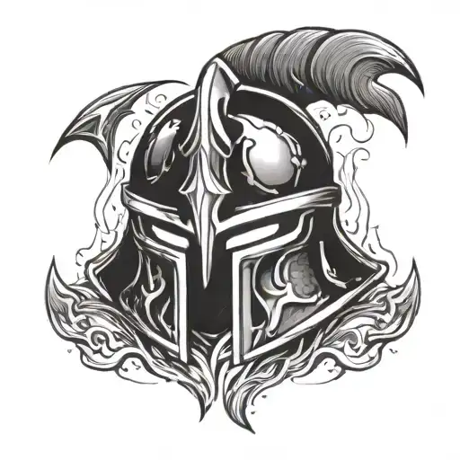 Spartan helmet with fire in the eyes tattoo design idea