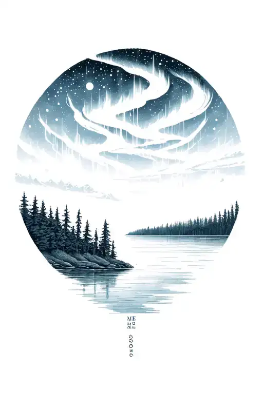 Mystical Lake Scene with Auroras – Fine-line detailing for the lake and trees, with the auroras in a soft, flowing style tattoo design idea