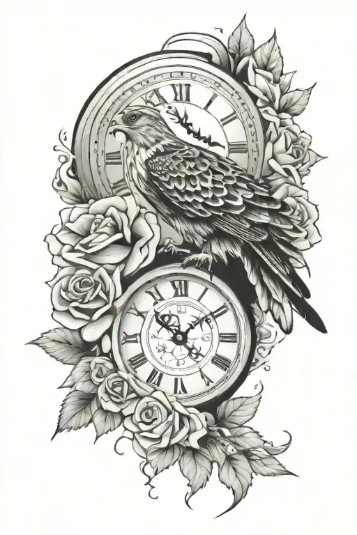 hawk, clock and rose tattoo design idea
