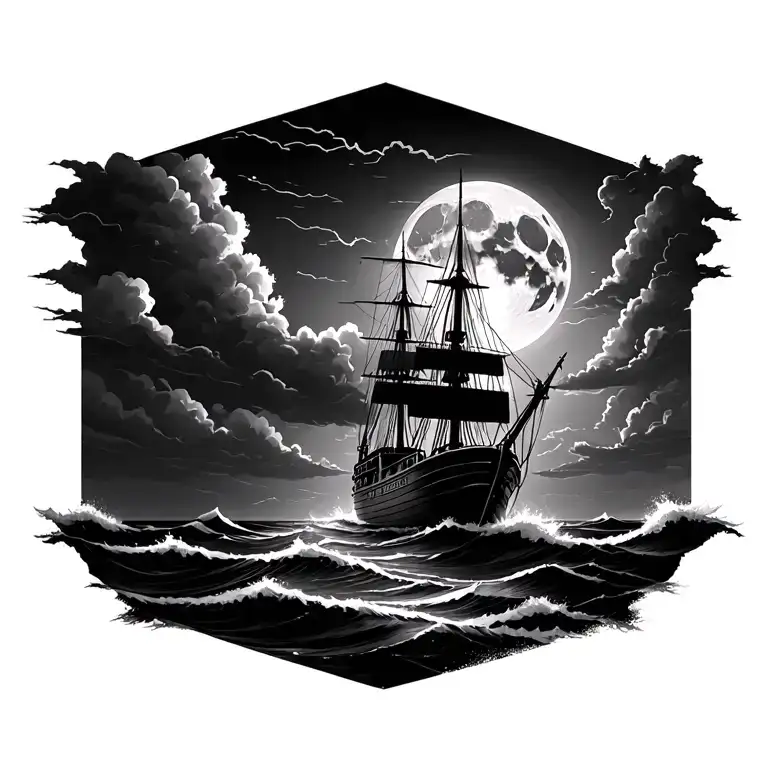 stormy sea with wooden ship moon shining through darkness and clouds  tattoo design idea