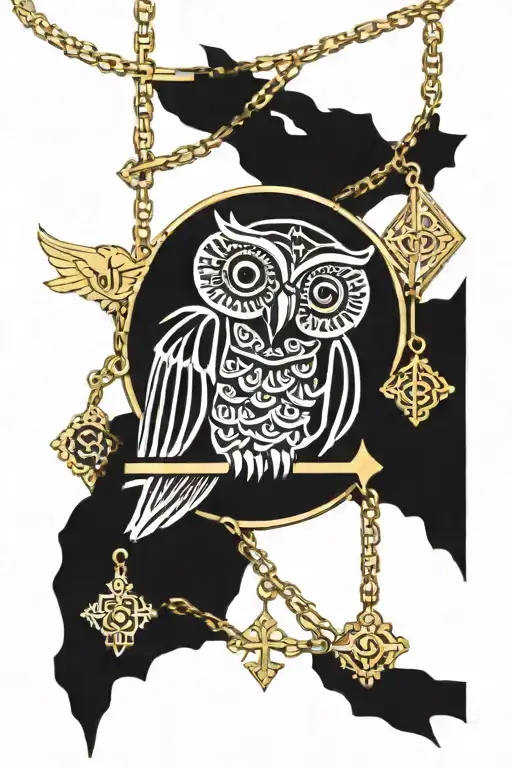 gold chain, cross necklace, owl tattoo design idea