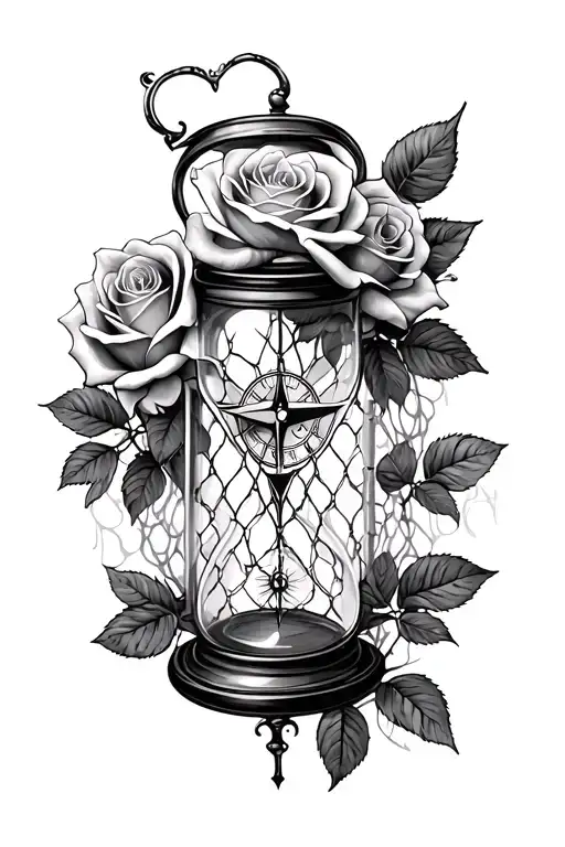 roses and broken hour glass and compass in fish net tattoo design idea