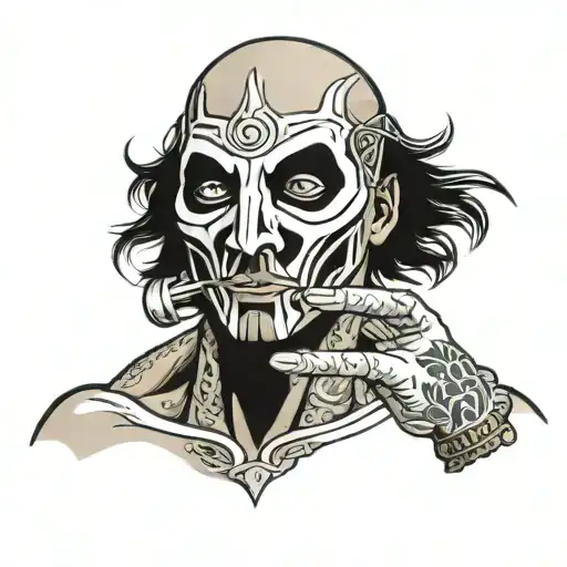 a man holds a mask in front of him in a bent arm tattoo design idea