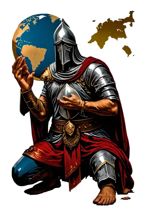 crusader kneeling giving world map symbolizing tattoo design idea