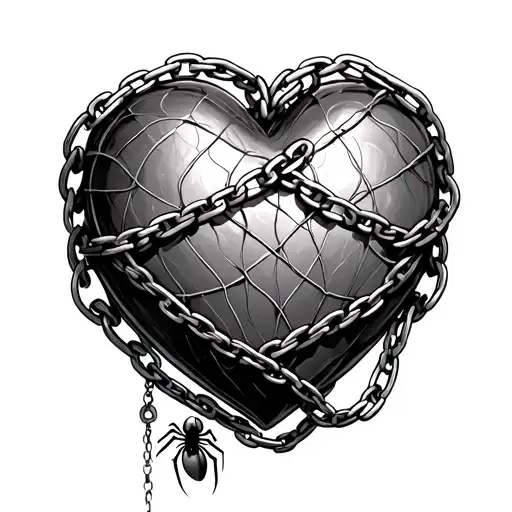 Small, chains wrapped around a heart, Webbing all over with a spider dangling. tattoo design idea