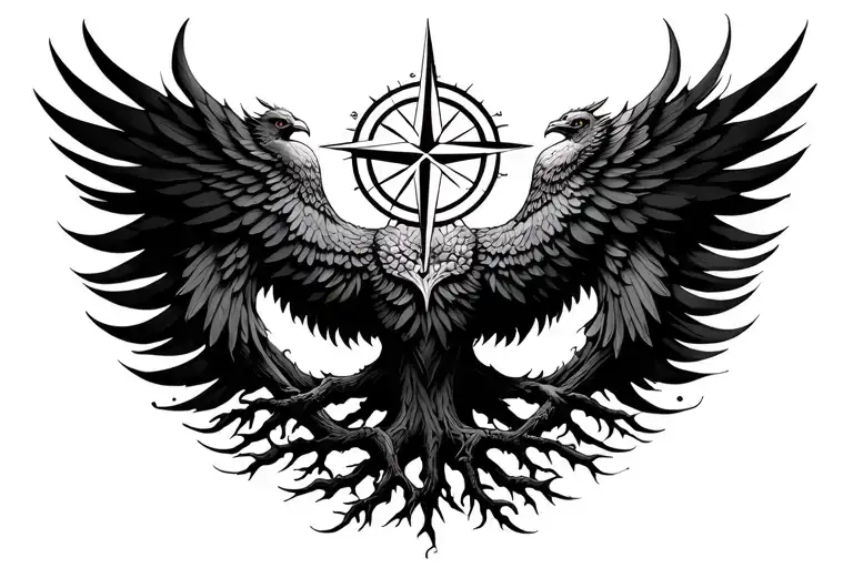 tree of life, pheonix, and compass all intertwined tattoo design idea
