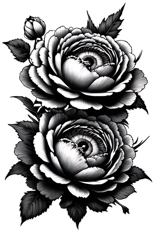 lots of peonies covering forarm with a Turkish evileye as the center of the center peony  tattoo design idea