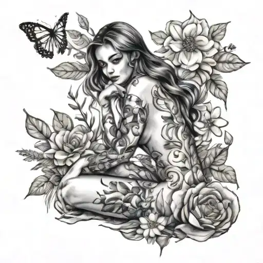 girl sitting on knees looking back, with flowers and nature covering her nude body tattoo design idea