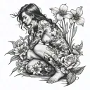 girl sitting on knees looking back, with flowers and nature covering her nude body tattoo design idea