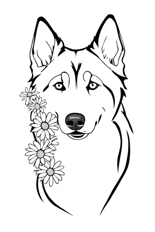 Siberian Husky outline intertwined with daisies tattoo design idea