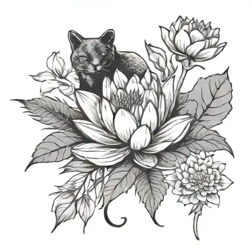 water lily, larkspur flower, carnation flower,  snowdrop, cat silhouette tattoo design idea