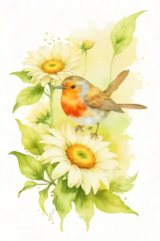 robin and gerbera tattoo design idea