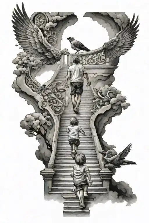 stairway to heaven and in the middle of the stairs put 3 people walking up the stairs a child and mom and dad with birds tattoo design idea