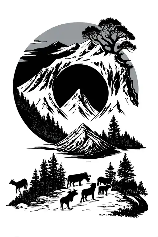 BDSM choke with mountain scene and cows at night tattoo design idea