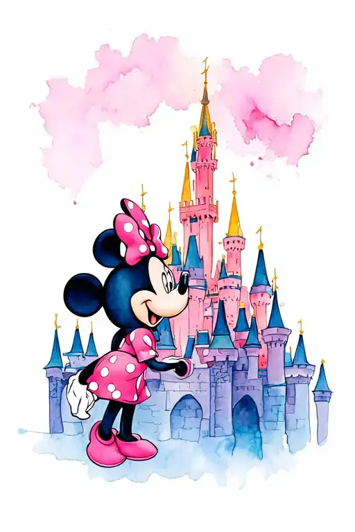 Disney castle with Minnie and Mickey kissing each other tattoo design idea