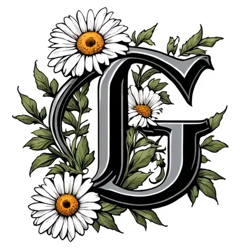 An ornate capital letter 'G' in old English calligraphy style, black and grey, with a few delicate daisies artistically  tattoo design idea