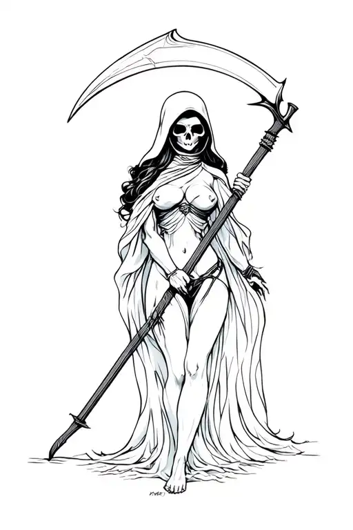 sexy female grim reaper with scythe tattoo design idea
